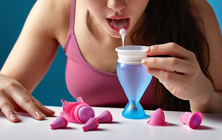 **A woman carefully choosing a menstrual cup from various sizes and materials, focusing on the importance of size and material selection.**