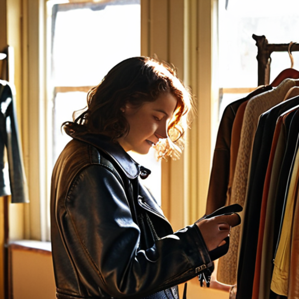 **

*   Prompt: A woman browsing through racks of vintage clothing at a second-hand shop, sunlight streaming through the window, highlighting unique pieces like a leather jacket. Focus on the excitement of finding a hidden gem and the sustainability of the purchase. Style: warm, inviting, vintage.

**