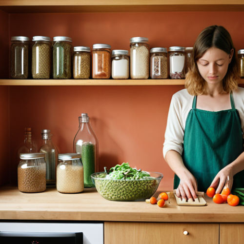 Home 17 **Prompt 1: A tranquil and organized zero-waste home kitchen in Poland.** The scene features a person demonstrating food waste management, carefully adding vegetable scraps to a stylish countertop composter. Nearby, reusable glass jars are neatly arranged, filled with bulk grains and pasta. A natural light source illuminates the space, highlighting homemade cleaning solutions in simple refillable bottles and a selection of fresh, unpackaged produce. The overall mood is one of peace, self-sufficiency, and sustainable living, reflecting a mindful approach to daily chores. Realistic photography, shallow depth of field, warm and inviting color palette.